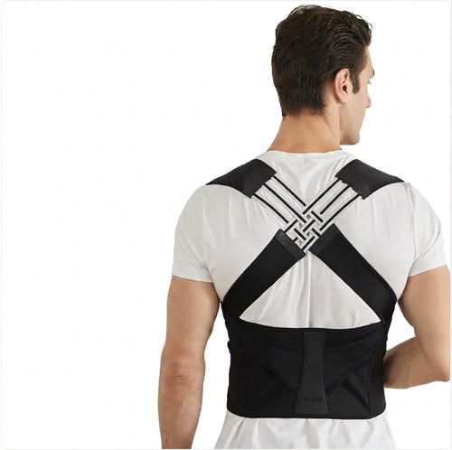 Postura Cross-Strap Posture Corrector worn by a man, black, back view